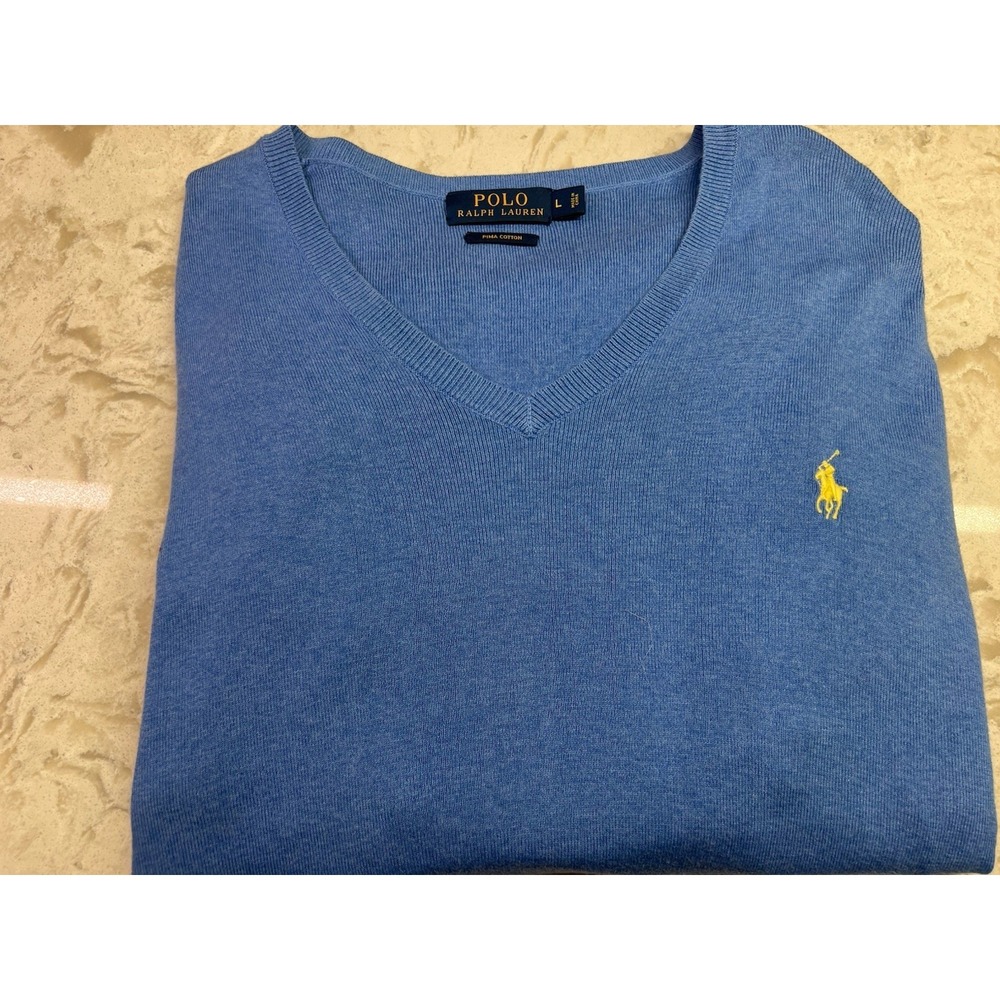 Polo Ralph Lauren Sweater Mens Large Blue Pima Cotton V-Neck Yellow Pony
